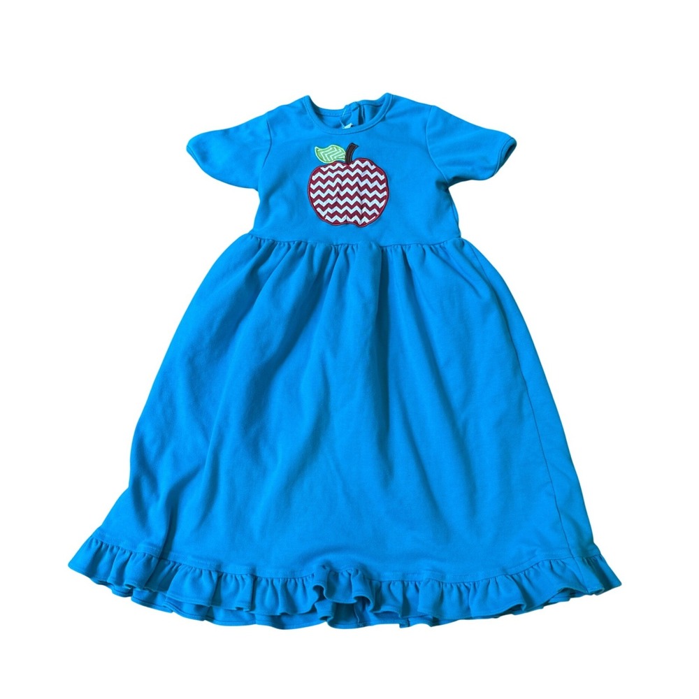 Raylee Roo Apple Applique Dress Kids Blue Chevron‎ School Ruffle SIZE 4